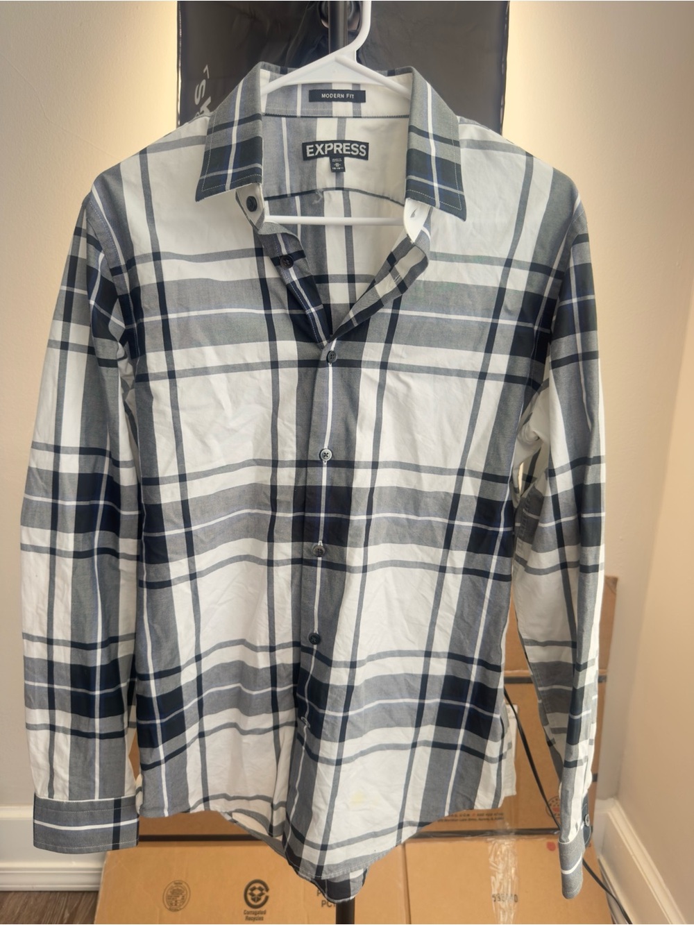 Express Men’s White and Gray Plaid Button-Down Shirt